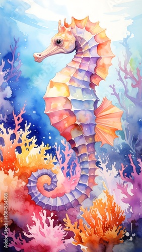 Colorful Watercolor Seahorse Surrounded by Vibrant Coral in Underwater Scene with Bright Ocean Colors