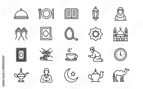 A collection of minimalist Islamic icons depicting religious symbols like mosques the Quran a crescent moon and traditional cultural objects in black lines.