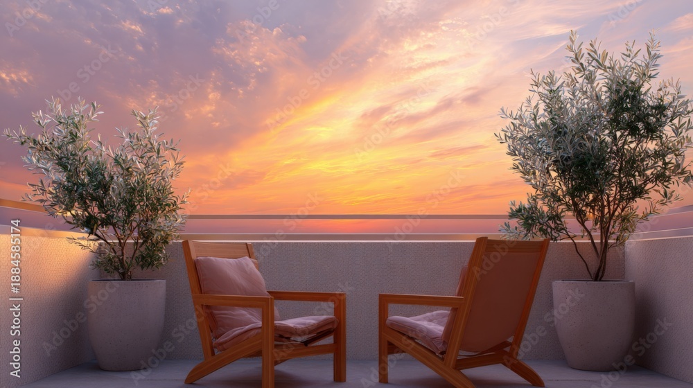 Fototapeta premium Tranquil sunset balcony view with wooden chairs and potted plants
