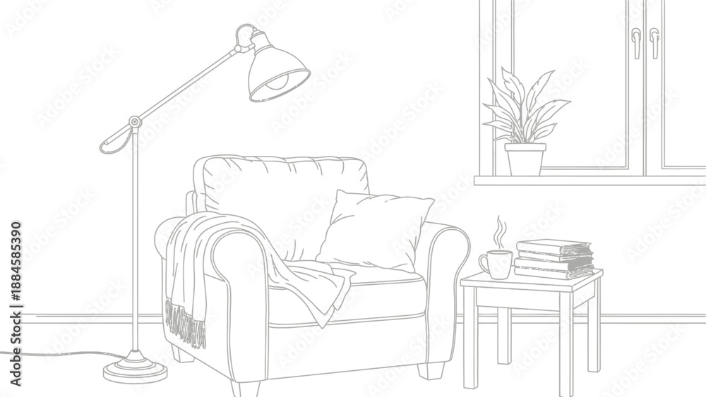 Obraz premium Cozy reading nook illustration featuring a comfortable armchair with a draped blanket a steaming mug of coffee and a stack of books beside a bright floor lamp near a windowsill plant
