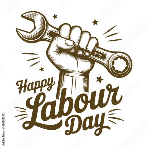 A clenched fist holding a wrench celebrating labour day with stars