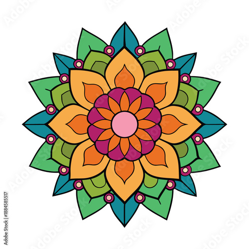 A vibrant henna mandala bursts with intricate patterns and swirling shapes, blending warm earthy tones and colorful accents for a mesmerizing, artistic design.
