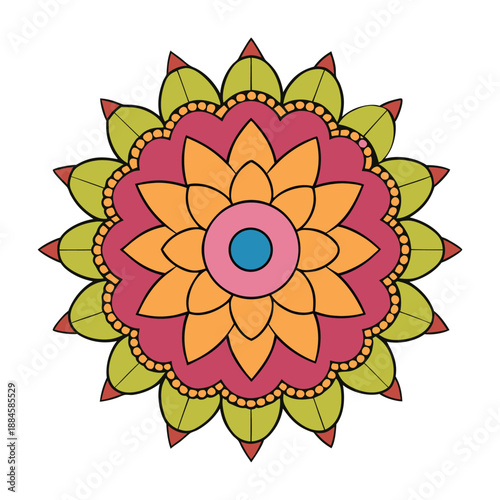 A vibrant henna mandala bursts with intricate patterns and swirling shapes, blending warm earthy tones and colorful accents for a mesmerizing, artistic design.
