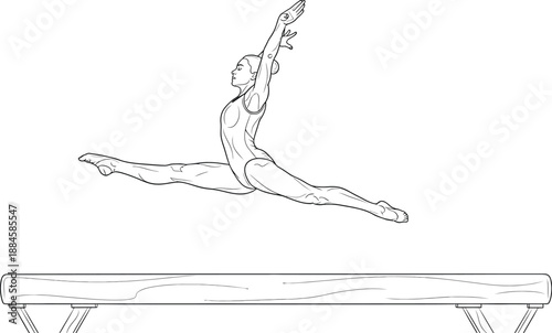 Athletic female gymnast performing a breathtaking split leap jump high above the competition balance beam demonstrating peak flexibility strength and elegant form during a demanding artistic routine.