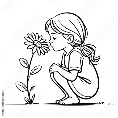 A young girl gently smelling a large daisy in a garden