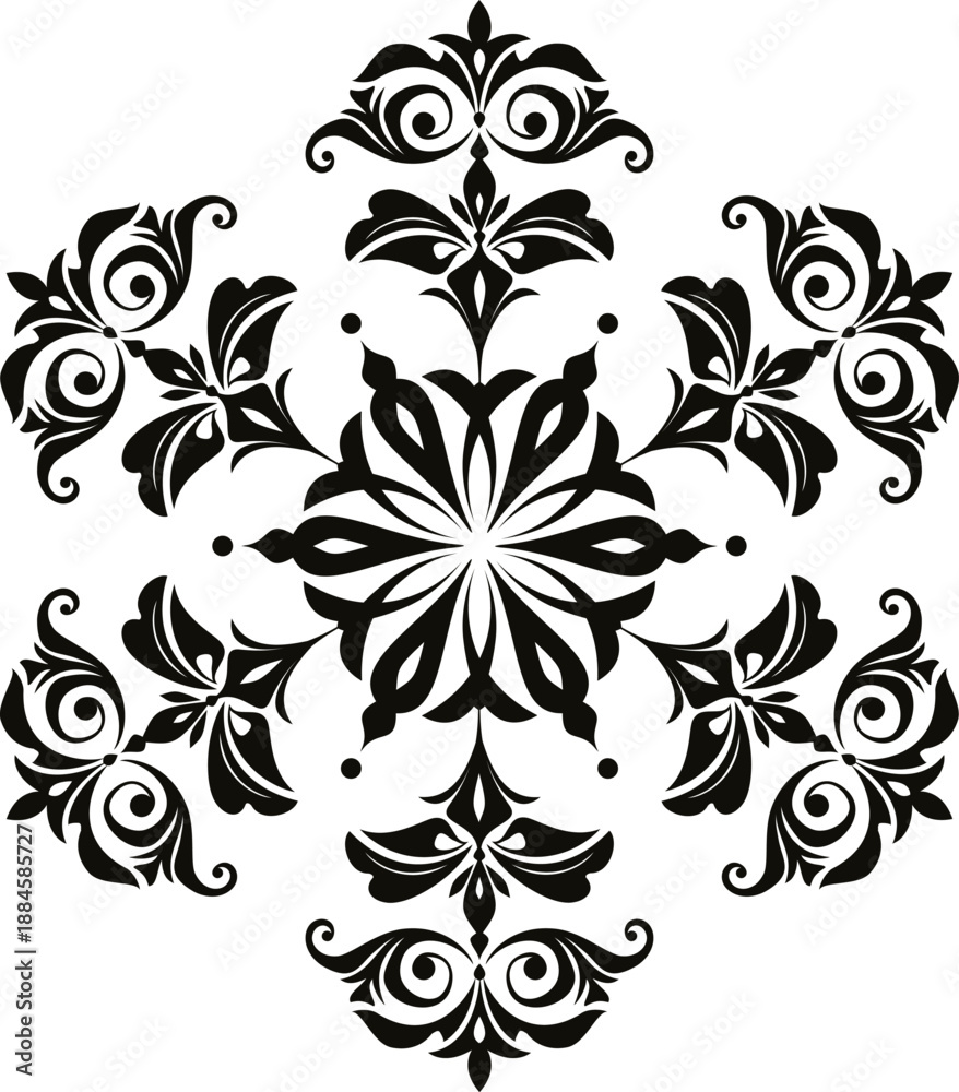 Obraz premium Snowflake vector icon, minimalist winter floral ornament, mandala element for Christmas card design, black isolated snowflake on white background, symmetrical folk art style