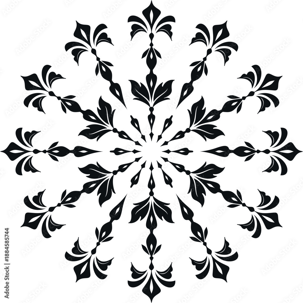 Naklejka premium Snowflake vector icon, minimalist winter floral ornament, mandala element for Christmas card design, black isolated snowflake on white background, symmetrical folk art style