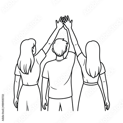 Teamwork and collaboration three people giving a high five in outline