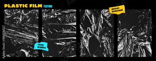 Set of stretched polyethylene textures. Textured crumpled plastic bag. Wrinkled cling film for brutalism design. Grunge vector graphics of cellophane packaging for template, poster, print, cover