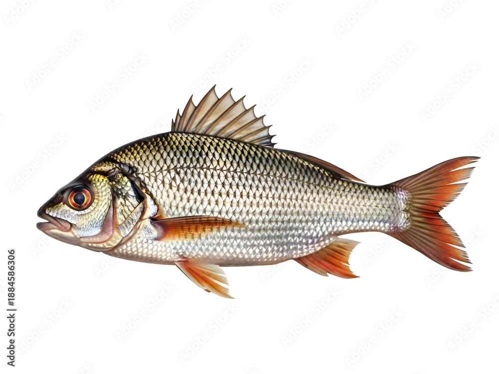 Obraz premium Realistic Freshwater Fish with Shimmering Silver Scales and Orange Fins Isolated on Transparent Background