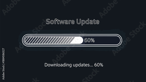Minimalist animated graphic displaying a digital software update process with a progress bar clearly indicating sixty percent completion against a dark screen background suitable for interface design.