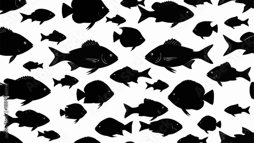 Seamless pattern of black fish silhouettes on white background.