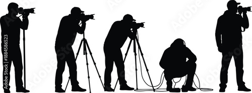 Photographer silhouettes set, professional cameraman shooting with tripod equipment, photography workflow poses, creative media production illustration isolated