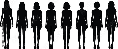 Female body silhouette set, different women shapes, human anatomy comparison, fashion design reference, minimal black vector illustration, for modern creatives