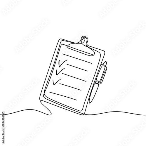 Continuous line drawing of a clipboard with checklist and pen
