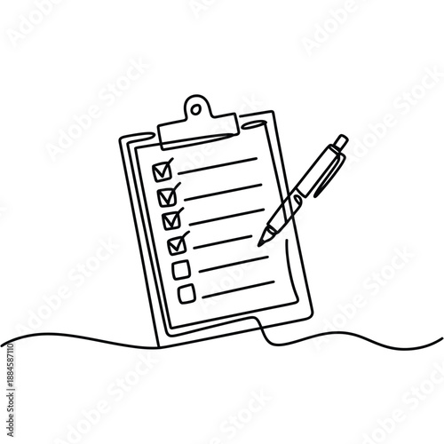 Simple line drawing of a clipboard checklist and pen for tasks