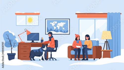 People and dog inside home with snow outside, working and relaxing