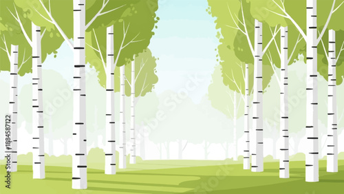 Serene birch forest path with sunlit canopy and soft distant haze