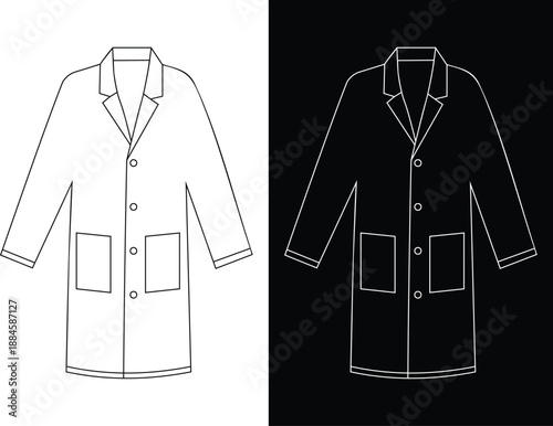 A minimalist line art illustration features a doctor's lab coat presented in two distinct colour schemes.