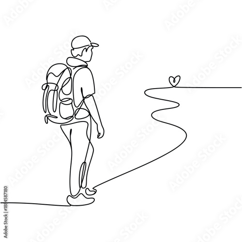 A lone hiker walks a winding path with a heart in view