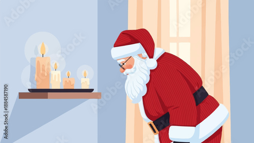 Santa Claus inspecting candles in a dimly lit, cozy room