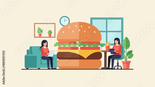 Two people work on laptops near a giant burger and fries