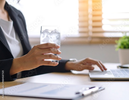 Business Professional Holding Glass of Water While Working on Laptop at Modern Office Desk with Natural Light