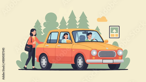 Woman with coffee joins couple in vintage car for a scenic drive