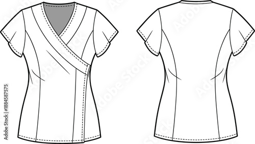 Fashion Flat Sketches of aV- Neck Wrap Scrub Top Front and Back Views with Gray Collar drawing illustration