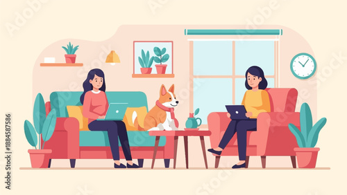 Two women and a dog relax in a living room, working on laptops