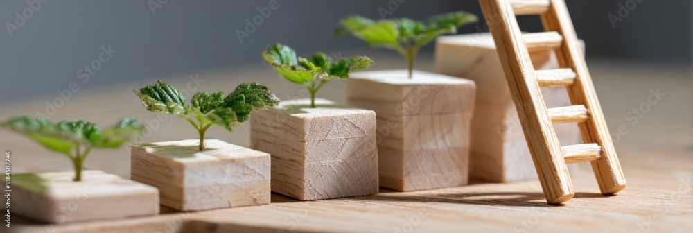 Fototapeta premium Growth stages of young plants on wooden blocks with ladder