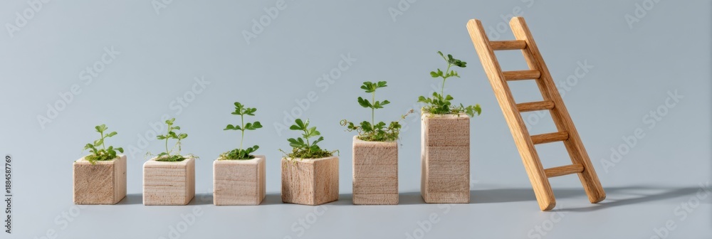 Fototapeta premium Progression of plant growth on wooden blocks with ladder symbolizing development