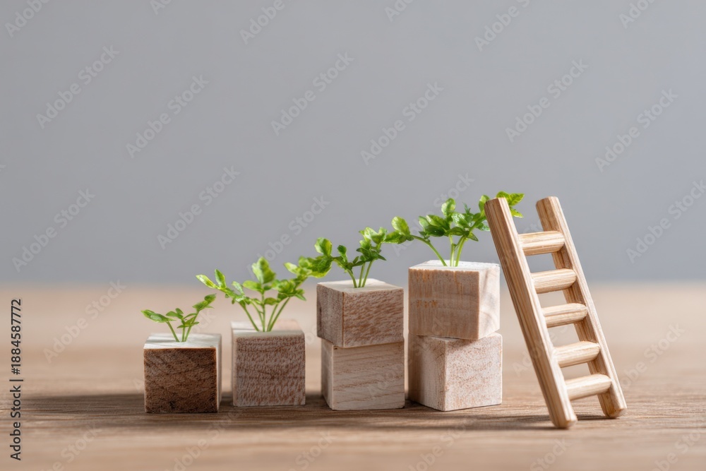 Fototapeta premium Growth concept with wooden blocks, seedlings, and ladder on wooden surface