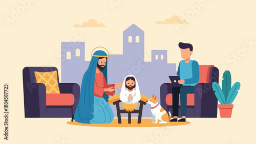 Modern nativity scene with a man on tablet and dog by manger