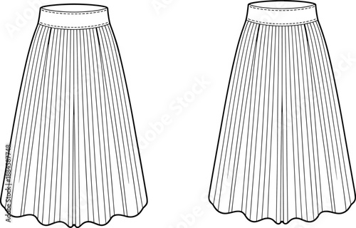 Fashion flat sketches of two pleated midi skirts with a waistband and wavy hemline fashion sketch