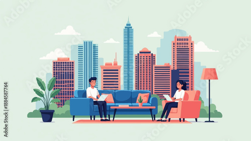 Two people relax in a living room with a city skyline backdrop