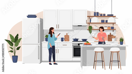 Two women in a modern kitchen, one using a phone, the other preparing a drink