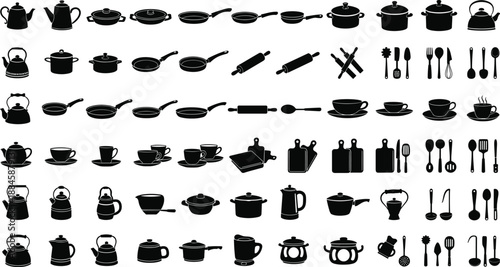 Large vector silhouette set of kitchenware icons, including pots, pans, kettles, cutlery, and baking tools, perfect for restaurant menus, cooking blogs, and domestic illustrations,