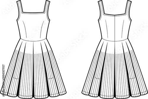 Front and back fashion illustration of a sleeveless pleated A-line dress with square neckline drawing