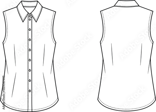 Front and back fashion sketch of a sleeveless collared shirt with buttons and dashed stitch lines
