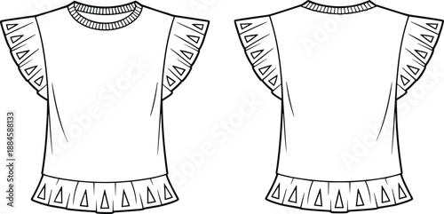 Front and back flat sketch of a white short-sleeved top with triangular ruffled sleeves and a triangular ruffled hem on a white background