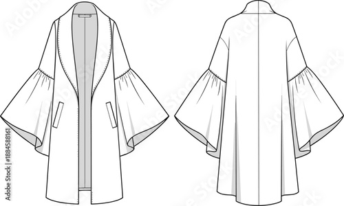 Fashion, illustration, technical, coat, flared sleeves, shawl collar, open front, garment, vector, flat, design, apparel, structure, silhouette, front view, back view, 