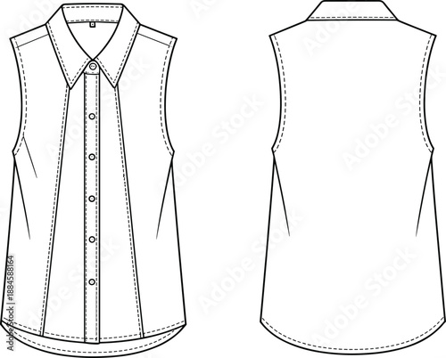 Front and back flat sketch of a white sleeveless collared shirt with button front and stitched details on a white background