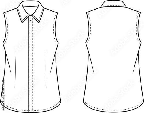 Front and back technical drawing of a sleeveless collared shirt with button placket detail blouse