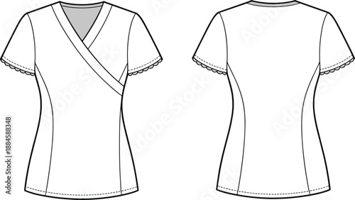 Front and back view of a white short sleeve wrap scrub top with scalloped trim and V-neckline Keywords: scrub top, medical uniform, nurse uniform, healthcare apparel, wrap top