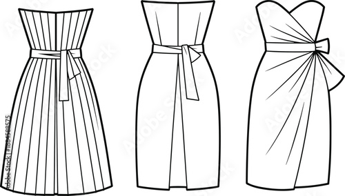 Three fashion illustration flat sketches of strapless dresses with sashes and draped skirts on a white background