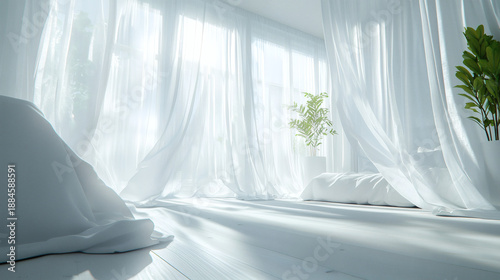 Bright and Airy Room with Flowing Curtains and Indoor Plants