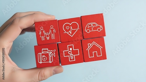 Hand holding red cubes with health and safety icons.