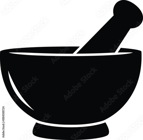Mortar and pestle silhouette vector illustration, black pharmacy bowl icon for medical or kitchen design, traditional medicine grinder tool isolated on white.