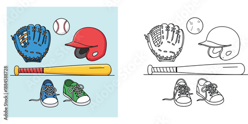 Baseball Equipment Vector Illustration and Coloring Page Set Featuring Glove, Bat, Helmet, Ball, and Sneakers for Sports Education, Kids Activity, and Hobby Themed Designs (181 characters)